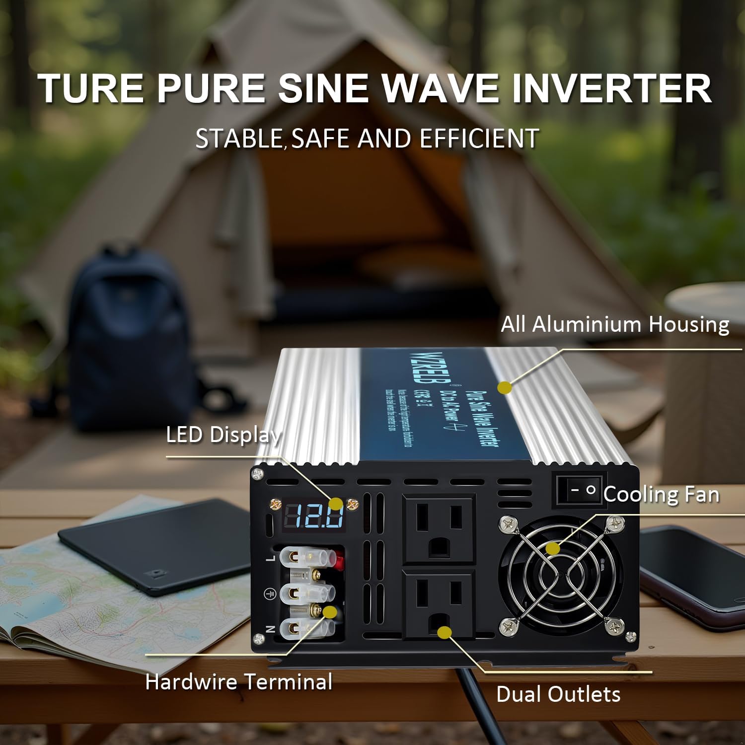 WZRELB 3500W Pure Sine Wave Inverter, Car Power Inverter 12V DC to 110V 120V AC Converter for RV, Truck, Solar, Outdoor with Dual AC Outlets, Hardwire Port, Surge 7000W, LED Display,Off-Grid