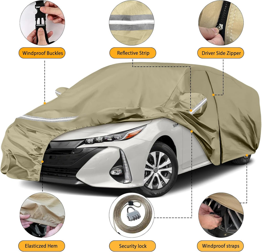 Waterproof Car Covers Replace for 2004-2025 Toyota Prius, Multilayer Heavy Duty with Cotton Liner All Weather Custom-fit Car Cover with Zipper Door, Windproof Bands for Snow Rain Dust Protection