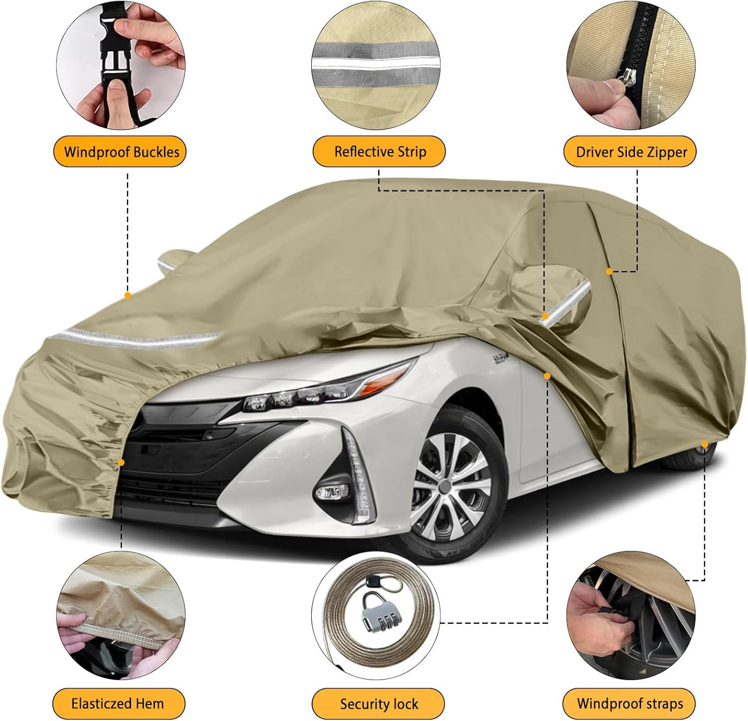Waterproof Car Covers Replace for 2004-2025 Toyota Prius, Multilayer Heavy Duty with Cotton Liner All Weather Custom-fit Car Cover with Zipper Door, Windproof Bands for Snow Rain Dust Protection