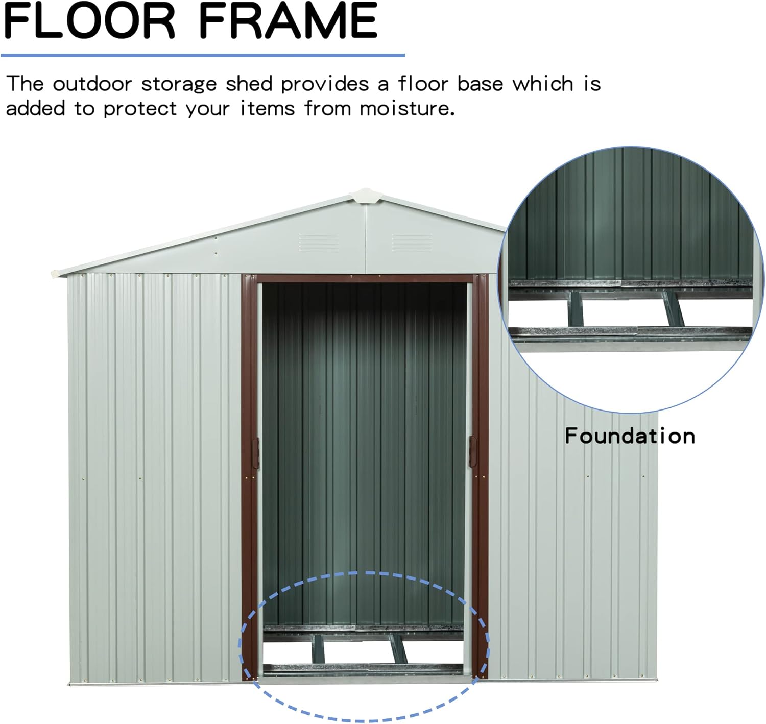 4x8 FT Outdoor Storage Shed, Metal Garden Shed with Frame Floor, Outside Tool Shed with Lockable Sliding Doors, Waterproof Storage Building with Sloped Roof for Backyard, Patio, Lawn, White