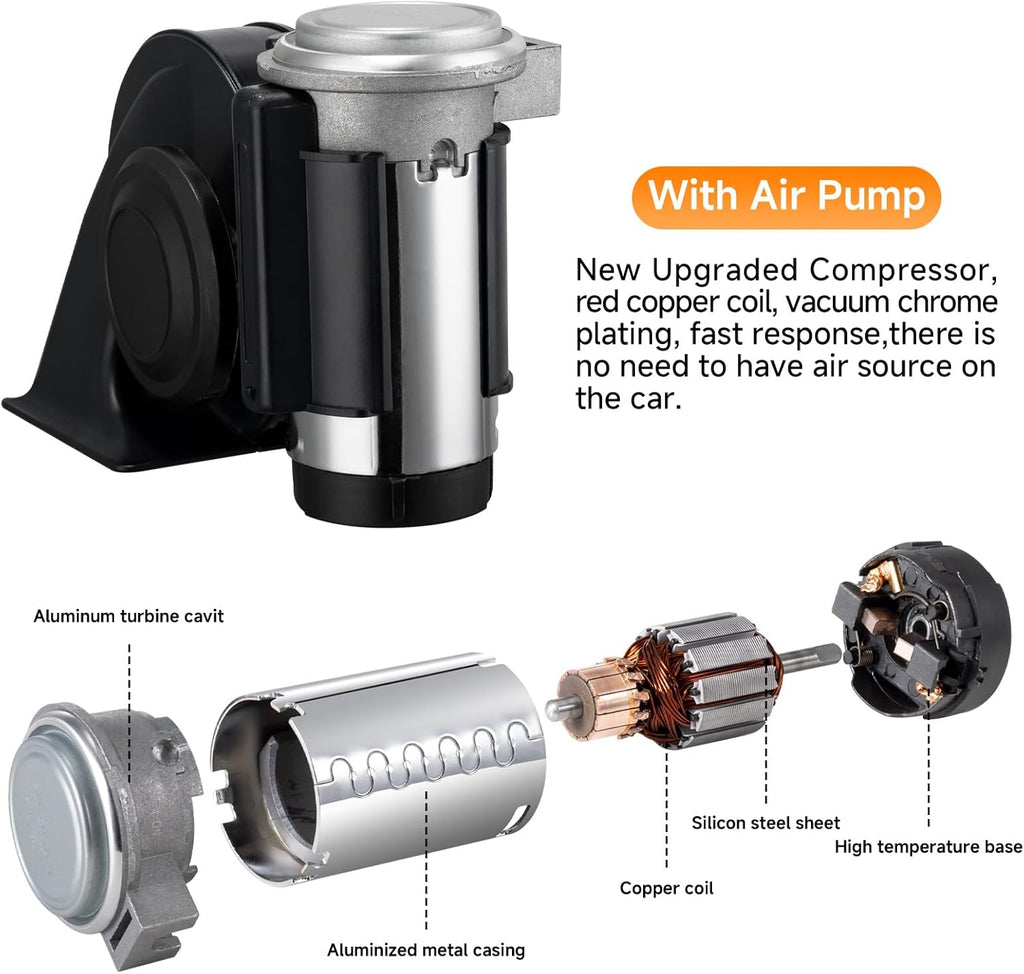 Air Horn for Truck,Super High Pitched Train Horn for Car, Waterproof Snail Horn for Motorcycles, Cars, trucks, trains and ships(black horn with wire, 12v)