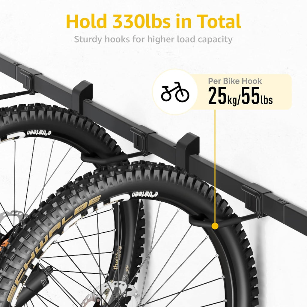 monTEK Enhanced Garage Bike Rack, Adjustable 6 Bike Hangers for Garage, Equipped with 78.5in Extended Rail to Accommodate Various Bicycle Sizes, Heavy-Duty Steel Bike Wall Mount, Max Capacity 330 lbs