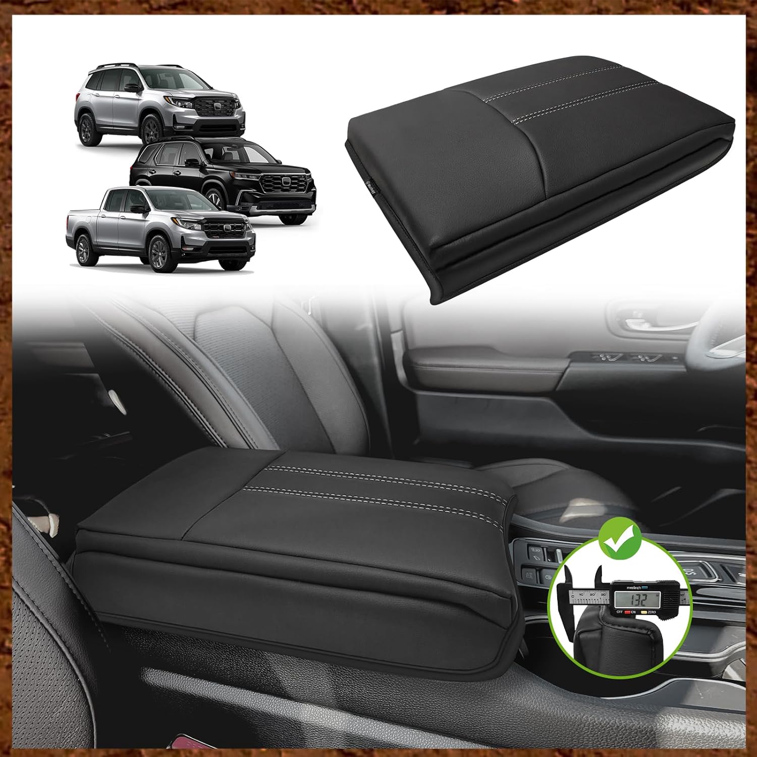 Muslogy Center Console Cover Extra Thick Armrest Pad Compatible with Honda Pilot 2023+, 2024-2026 Ridgeline/Passport Arm Rest Cushion Padding Anti-Scratch Middle Console Leather Armrest Lid Protector