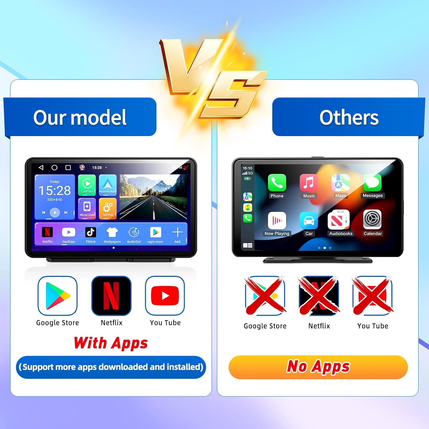 [Android& 2+32G] 9 inch Wireless Apple Carplay and Android Auto, 4 Core IPS Touch Screen Mirror Link, with 1080P Rear Camera and Support OTA Update, GPS Navigation, Netflix, YouTube, Tictok