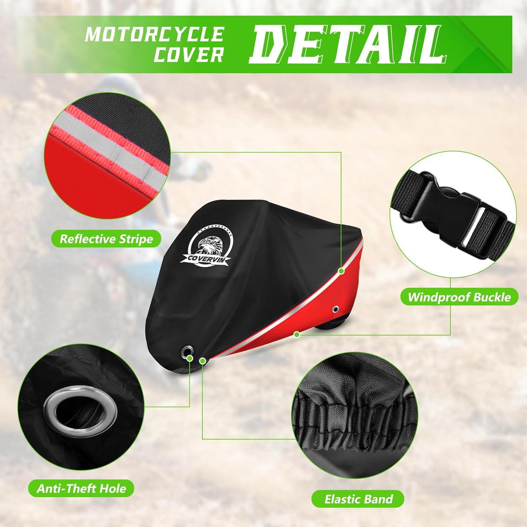 COVERVIN Motorcycle Cover, All Weather Outdoor Waterproof Night Protection with Reflective Strips, Locking Holes and Storage Bag for 86 Inch Suzuki, Kawasaki, Honda, Harley-Davidson(Red M)