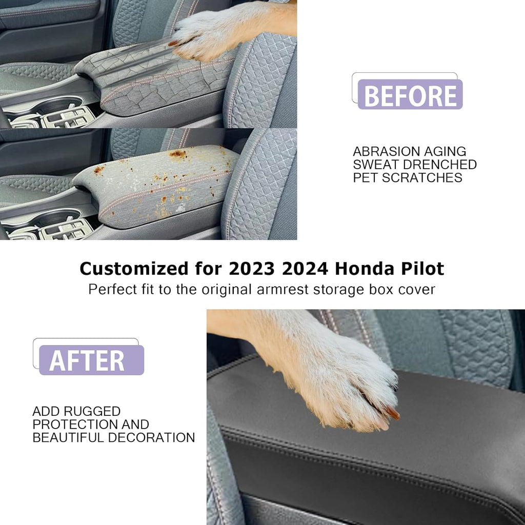 LUWU Center Console Cover Compatible with 2023 2024 2025 Honda Pilot & 2024 2025 Ridgeline & 2024 2025 2026 Honda Passport Accessories Armrest Console Cover Interior Accessories Leather (Thin Black)