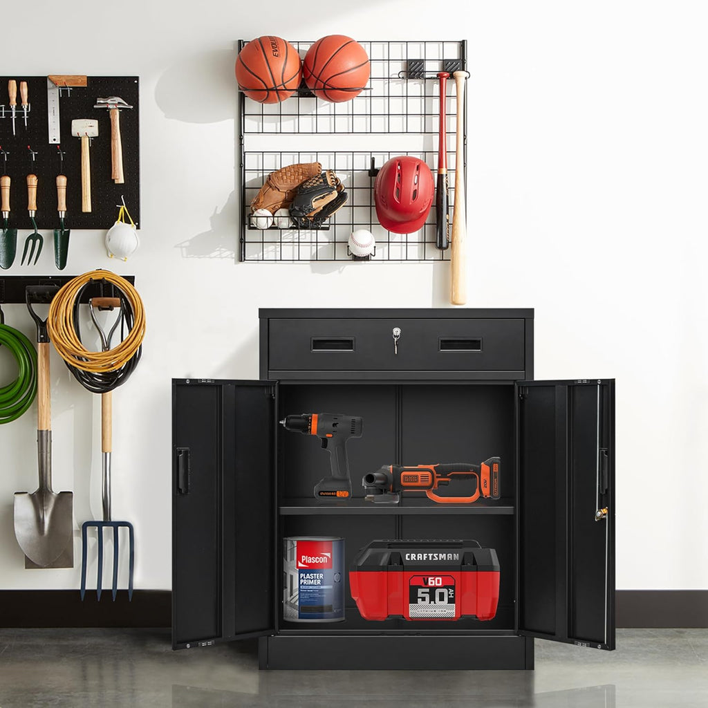Metal Storage Cabinet, Locking Cabinet with One Drawer and Adjustable Shelf, 36.2" H x 28" W x 16" D Steel Storage Cabinet for Office, Garage, Home-Black