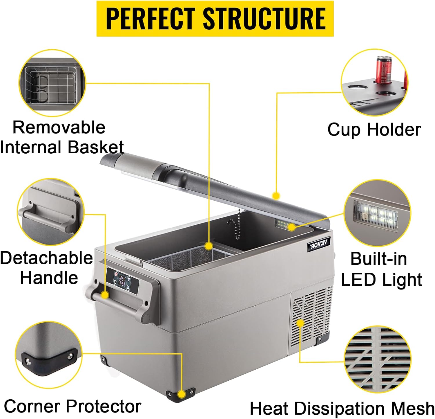 VEVOR CF35 Portable 37 Quart(35 Liter) 12 Volt App Control(-4℉~68℉), Car Refrigerator Dual Zone with 12/24v DC & 110-240v AC for Camping, Travel, Fishing, Outdoor or Home Use, Black+Gray