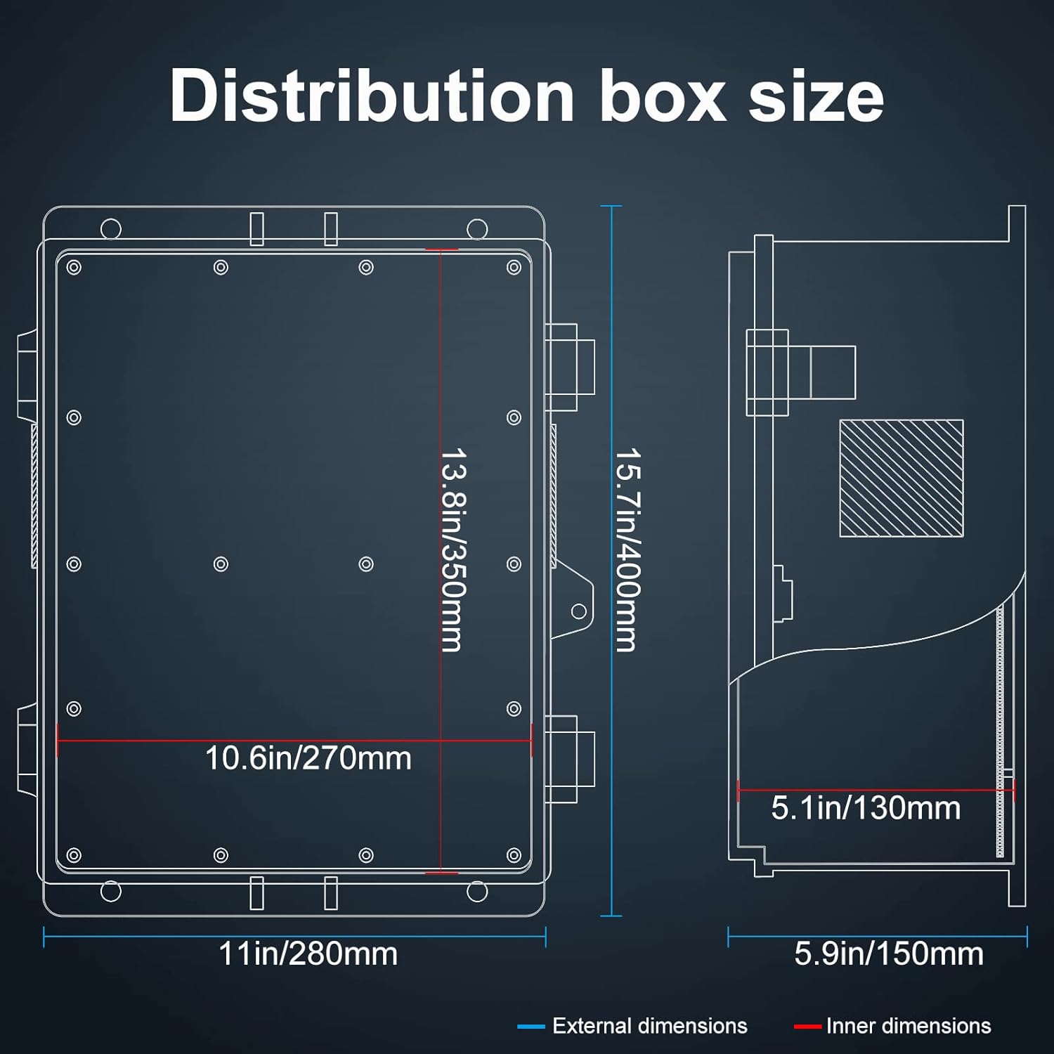 Outdoor Electrical Junction Box with High Power Outlet, 16" H* 12" L* 5.9" W, ABS Water Resistant Enclosure with Internal Mounting Panel & Hinged Cover.