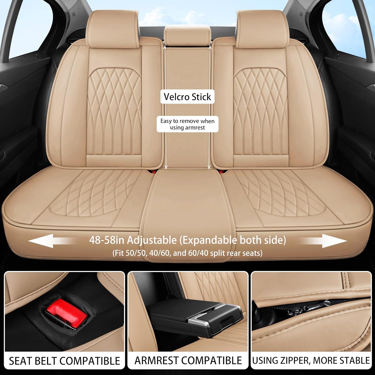 WELLDO Car Seat Covers Full Set, Leather Seat Covers for Cars, Car Seat Protector Waterproof, Non-Slip Car Interior Covers Full Set Universal Automotive Seat Covers for Most Cars SUVs, Beige