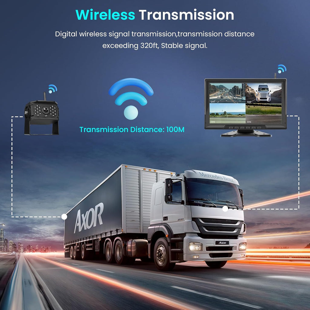 1080P Wireless Backup Camera Digital System Kit, Hodozzy 10.1 Inch HD 4 Quad Split Screen Reversing Monitor with Loop Record, Night Vision/IP68 Waterproof/Rear View Camera RV/Truck/Trailer/Bus/Camper
