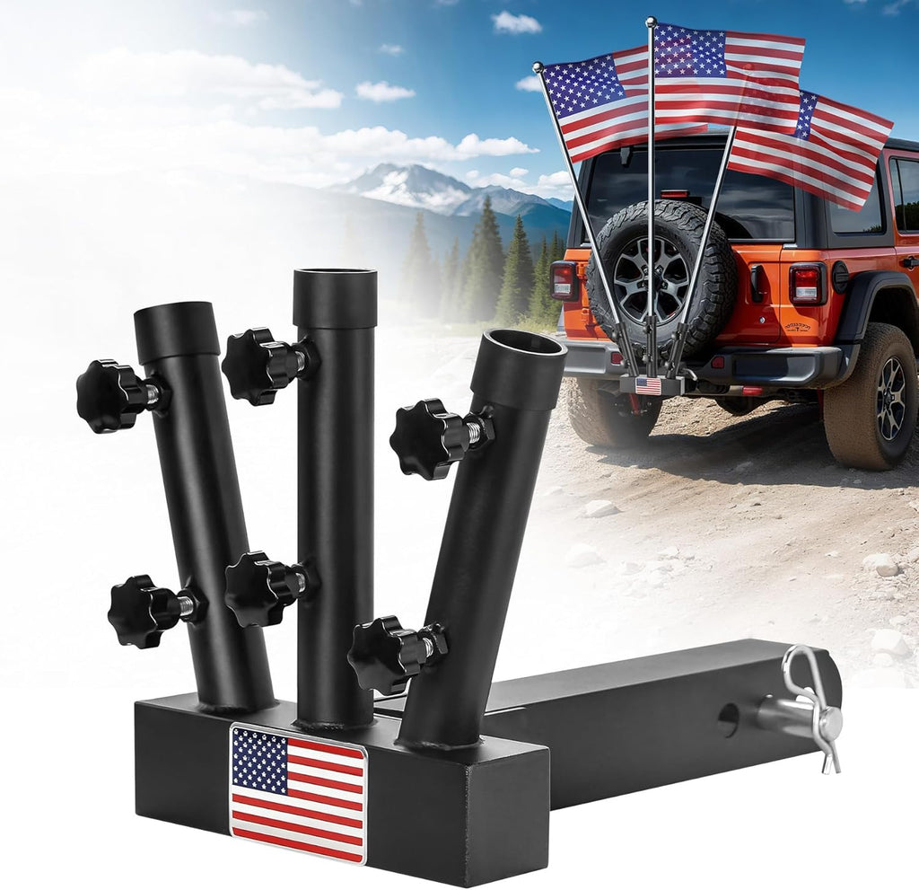 Heavy Duty Three Hitch Flag Holder, Trailer Hitch Flag Pole Holder, Fits 2" Trailer Receivers, Universal Hitch Flag Pole Holder Kit with Cars, Trucks, SUV, Pickups, Campers & Trailers