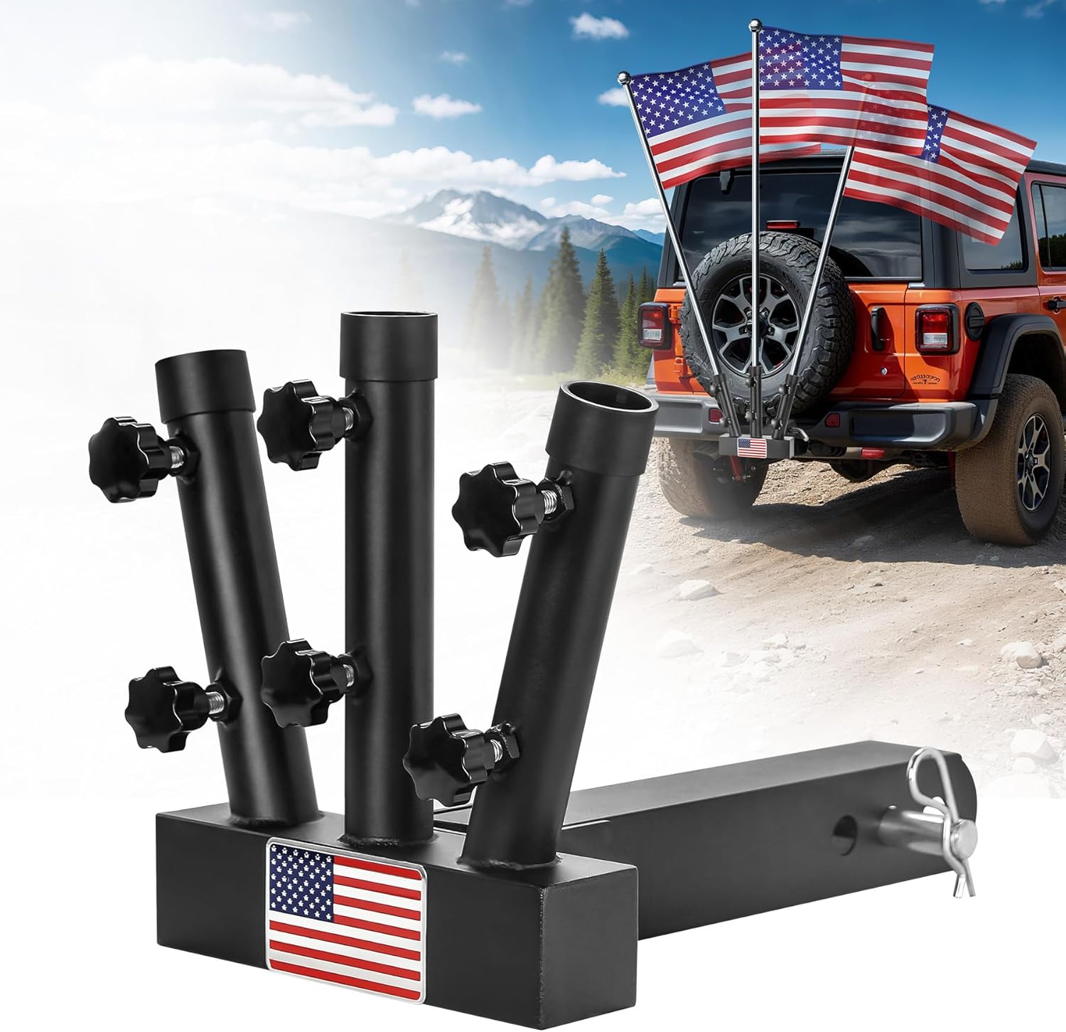 Heavy Duty Three Hitch Flag Holder, Trailer Hitch Flag Pole Holder, Fits 2" Trailer Receivers, Universal Hitch Flag Pole Holder Kit with Cars, Trucks, SUV, Pickups, Campers & Trailers