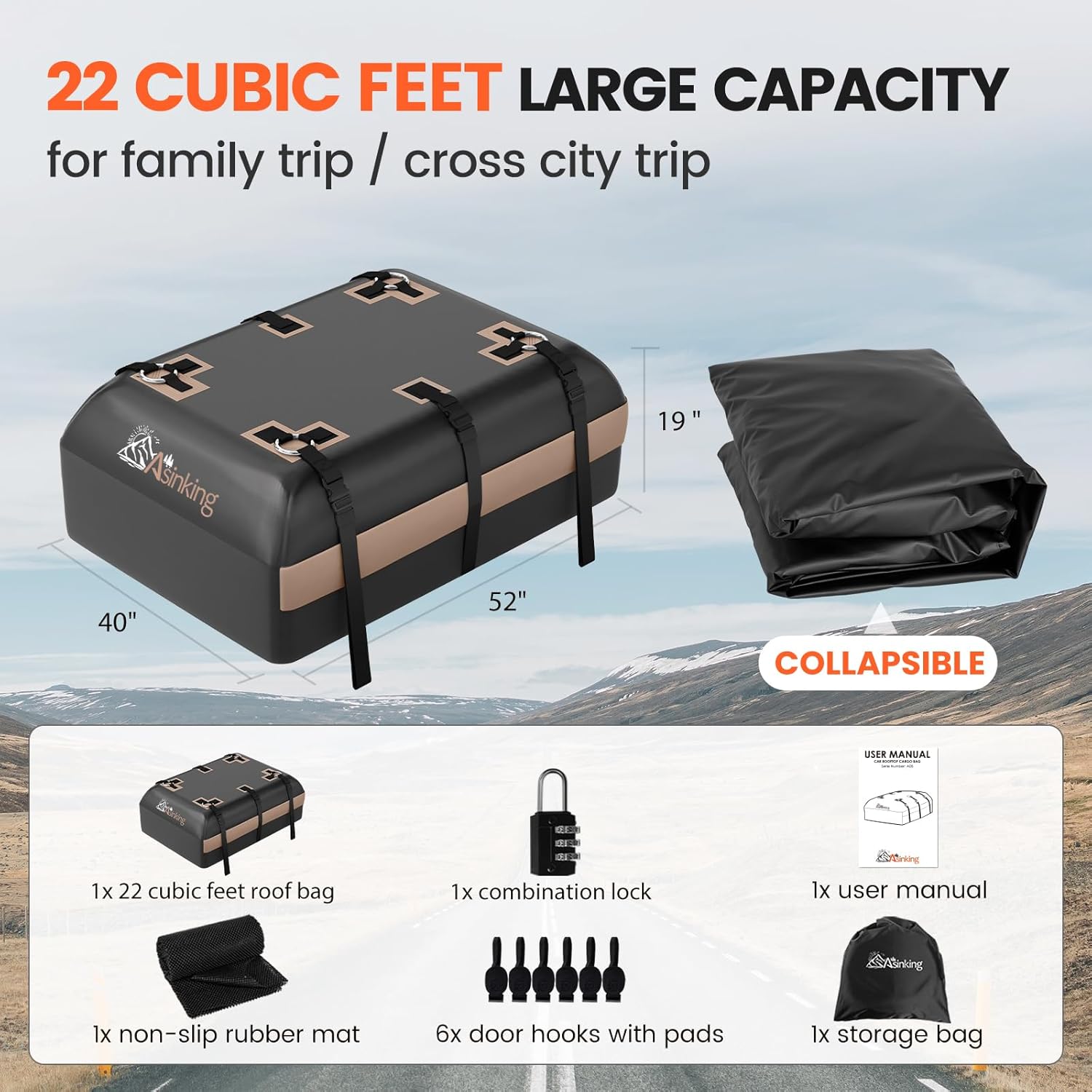 Asinking Car Rooftop Cargo Carrier Bag, 22 Cubic Feet Waterproof Roof Cargo Bag, 500Lbs Break Strength, Fit Vehicles with/Without Roof Rack, Includes Anti-Slip Mat, 6 Door Hooks, Luggage Lock