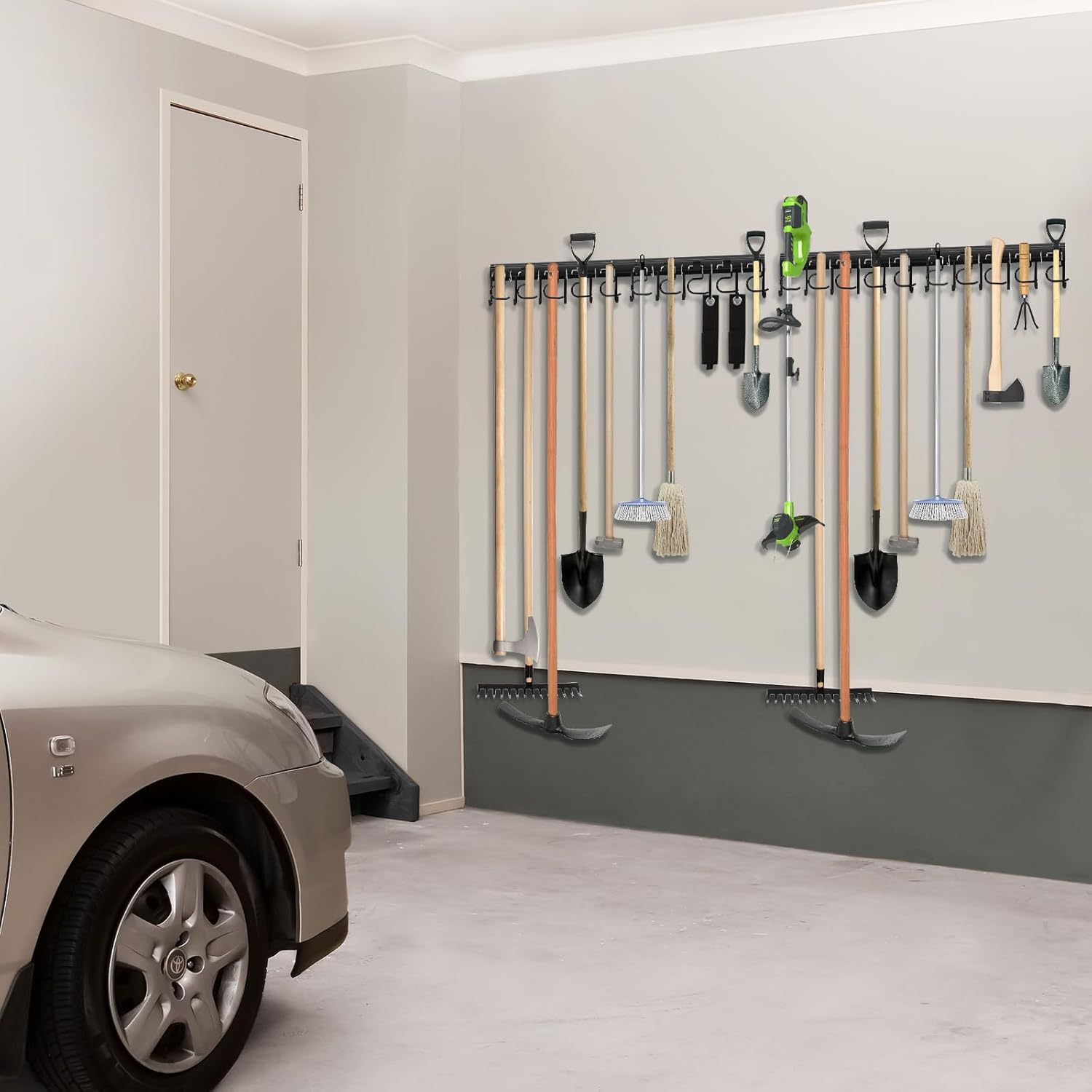 LEYU Metal Garage Tool Organizer Wall Mount, 4 Pack Garden Tool Organizer With Extension Cord Straps, Garage Organization Hooks and Hangers for Shed, Yard Storage, Wall Holder for Hanging Broom Mop