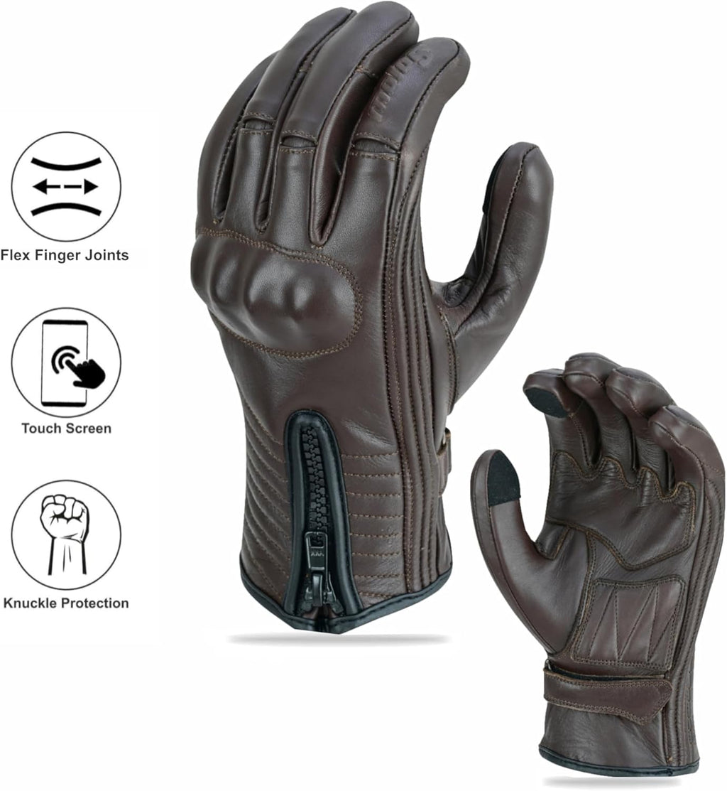 Full Finger Leather Motorcycle Gloves for Men & Women Touch Screen Gloves Premium Street Motorcycle Durable Protective Cruiser Biker Gel Leather Motorbike Gloves