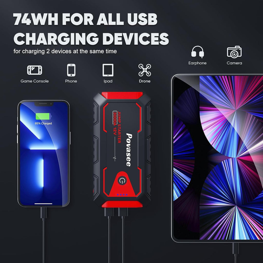 Jump Starter 3000A Car Jumper Starter, 12V Jump Box for Car Battery up to 10L Gas or 8L Diesel Engine Battery Jumper Starter Portable with Power Bank/Dual Output/LED Light