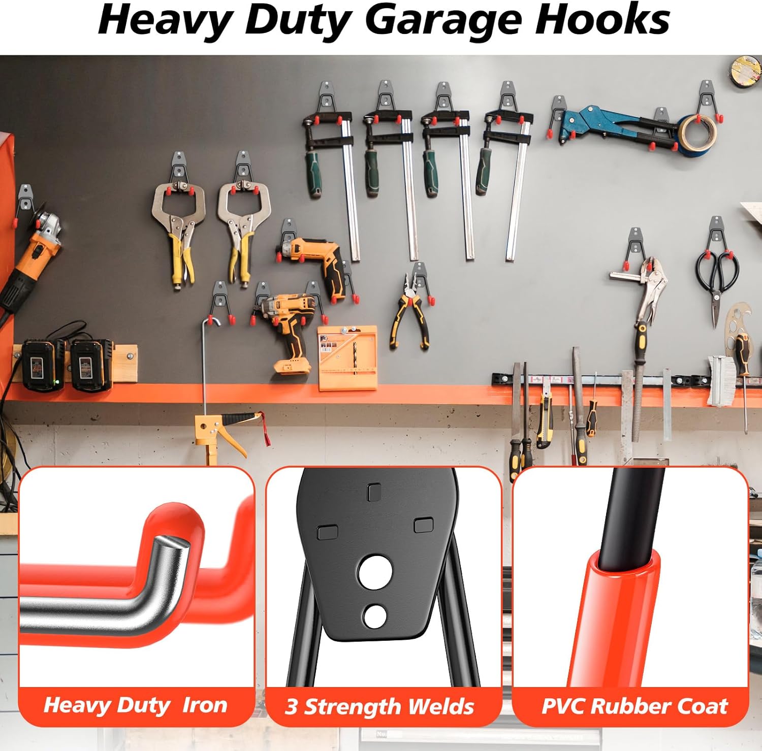 4 Pack 4.5x2.75 inch U Heavy Duty Garage Hooks,Solid Steel Wall Mount Hangers,with Anti-Slip Coating,for Hanging and Organising Ladder,Bike,Ropes,Broom,Garden,Yard and Power Tools