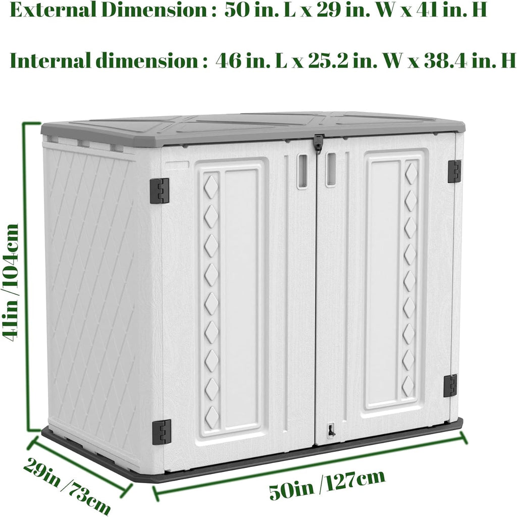 ADDOK Horizontal Storage Shed Outdoor with Floor, 27 Cu Ft Capacity Plastic Storage Shed with Lockable Double Doors, All-Weather Condition Use for Patio, Backyard, Lawn and Garden, White