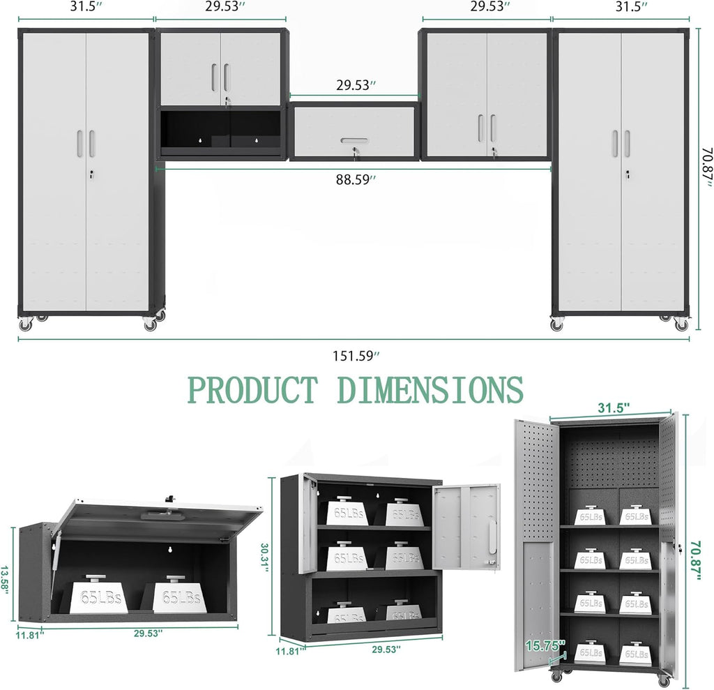 Metal Tool Cabinet,Garage Storage Cabinet System,Wall Cabinet & Locking Rolling Tool Cabinet with Doors and Adjustable Shelves,Steel Tool Cabinets for Home,Office (5 Pcs-StyleA, Black & Grey)