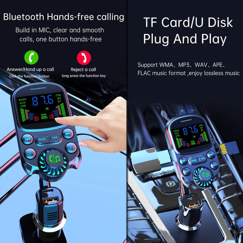Bluetooth FM Transmitter for Car 1.5" Color Screen Display Wireless Handsfree Radio Transmitter Car Charger Adapter Support TF Card USB Flash Drive 48W PD/ QC3.0 Dual USB Charging (Black)