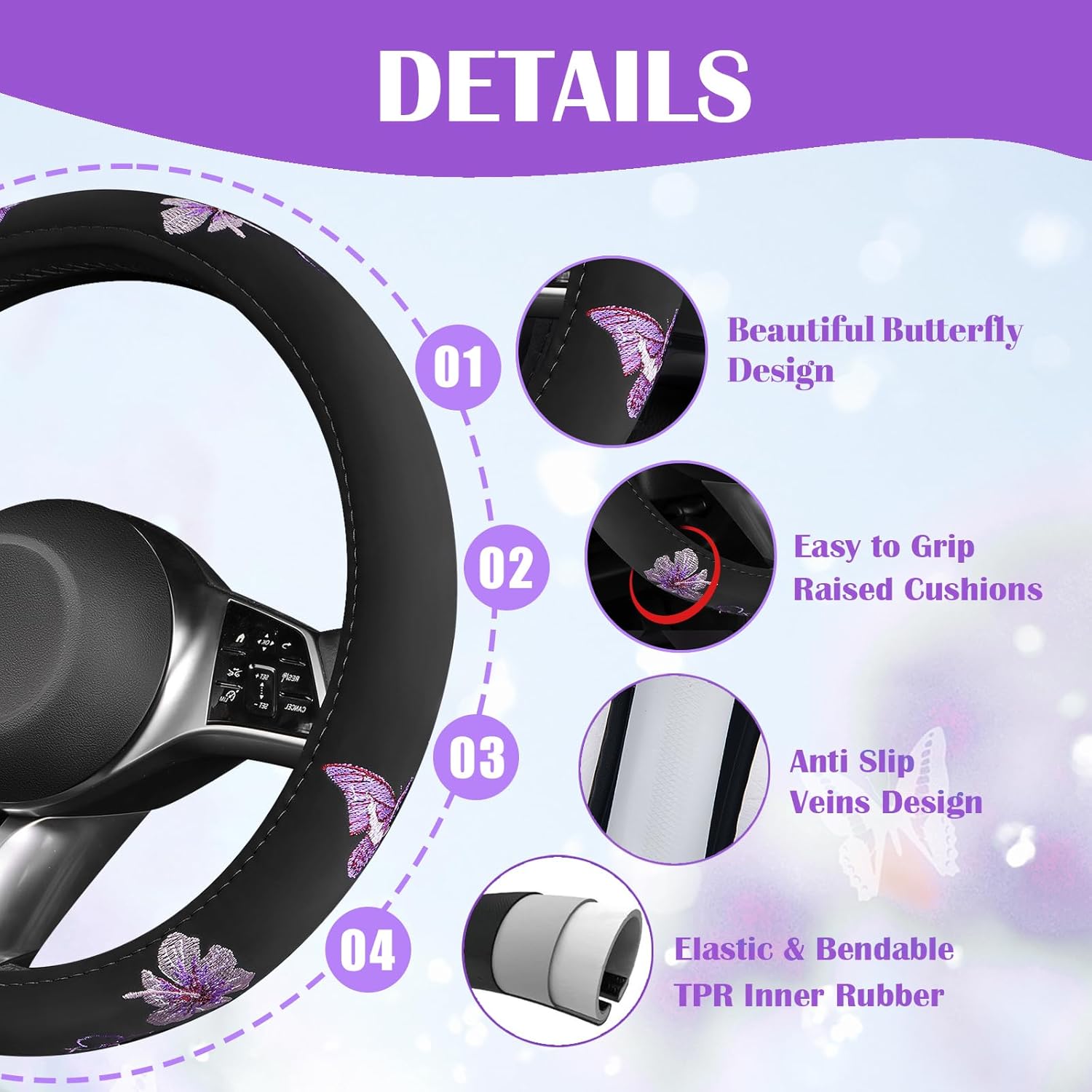 CAR PASS Butterfly Steering Wheel Cover and Waterproof Car Floor Mats,Purple Car Mats 14.5-15inch Steering Wheel Covers Universal Fit for Suvs,Sedans Cars,for Women Girl(Black and Purple)