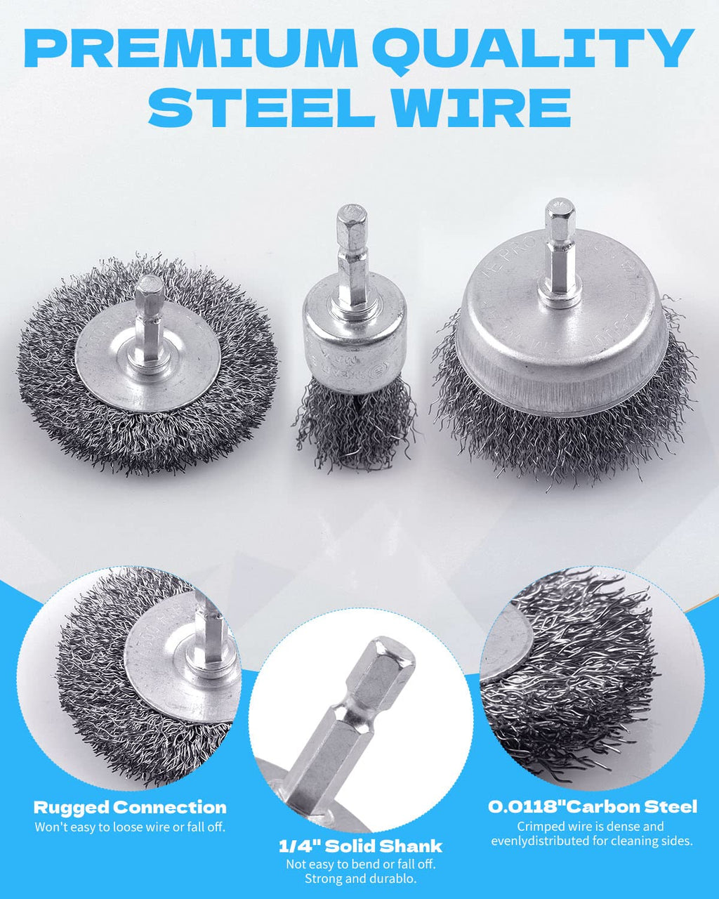 60 Pack Rocaris Carbon Steel Wire Wheel Brush Set - Cup, Wheel, and Pen Brushes With 1/4-Inch Hex Shank for Rust Removal, Corrosion and Scrub Surfaces