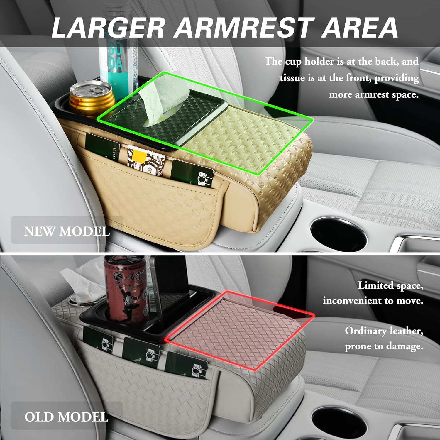 Car Center Console Cover, Armrest Cover for Storing Water Cups, Tissues, Cards, and Phones, 4-in-1 Center Cover with Soft Leather and High Resilience Memory Foam (Light Beige)