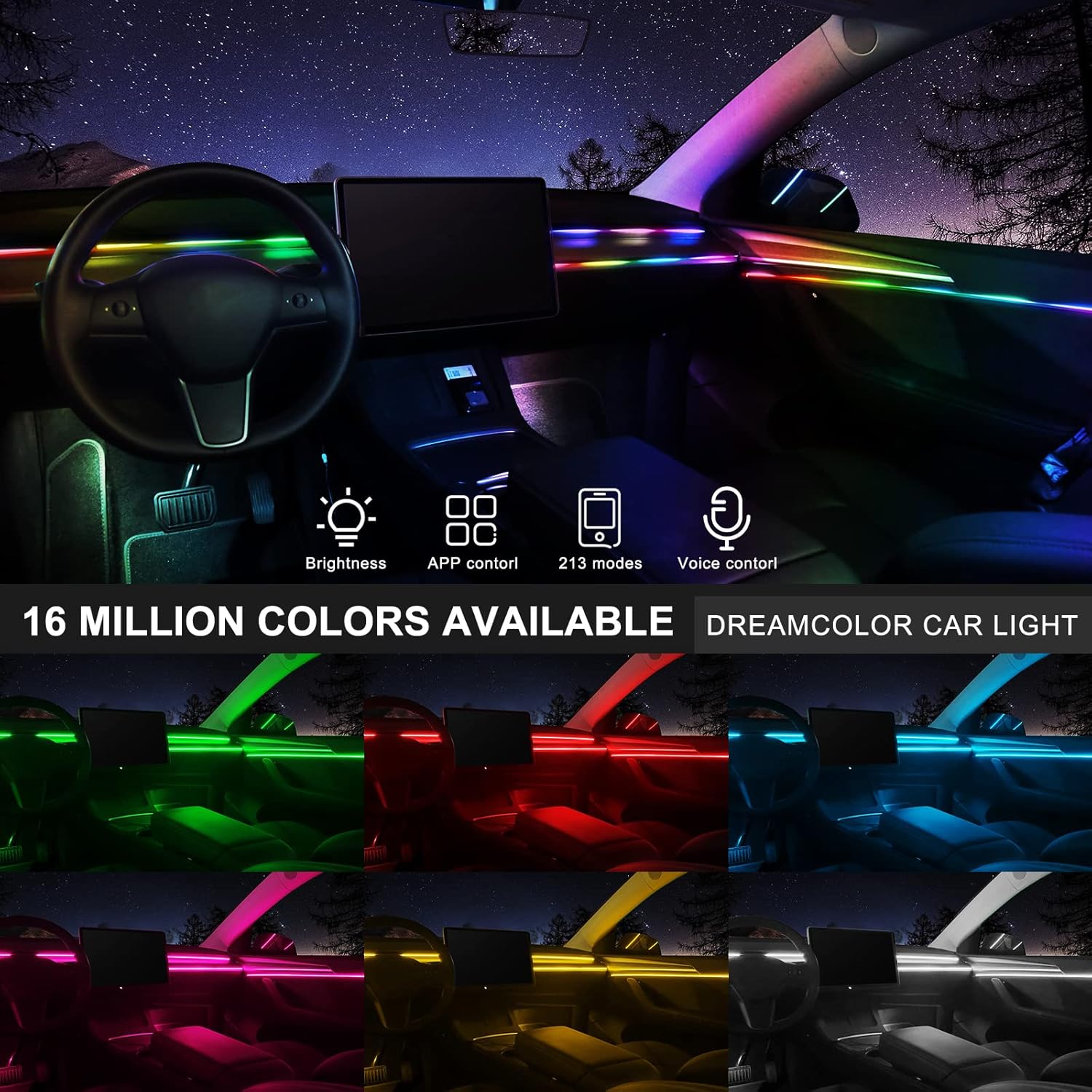 Acrylic Interior Car LED Strip Light with Wireless APP, RGB 18 in 1 with 175 inches 593 LEDs Fiber Optic Ambient Lighting Kits, 16 Million Colors Sound Active Function Car Neon Lights