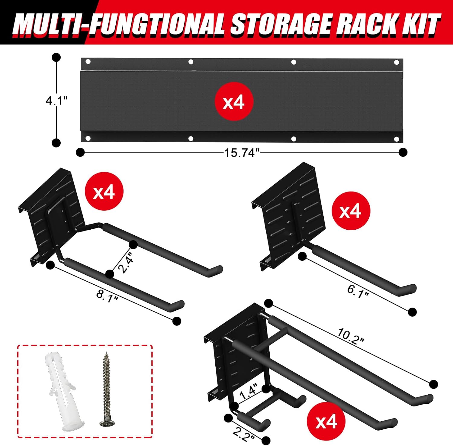 64 Inches Garage Organization, Wall Mount Garden Tool Organizer, 880lbs Adjustable Heavy Duty Metal Hanging Hooks, Garden Tool Storage Rack for Garage, Yard, and Shed (4 Racks, 12 Hooks)