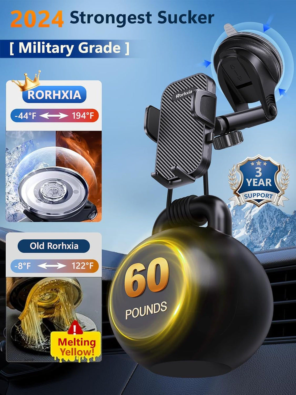 [Military-Grade 3-in-1 Blue Phone Holders for Your Car, [2025 Most Stable and Flexible Suction Cup] Vent Dashboard Windshield Cell Phone Mount Car Fit for All Phones, iPhone, Samsung