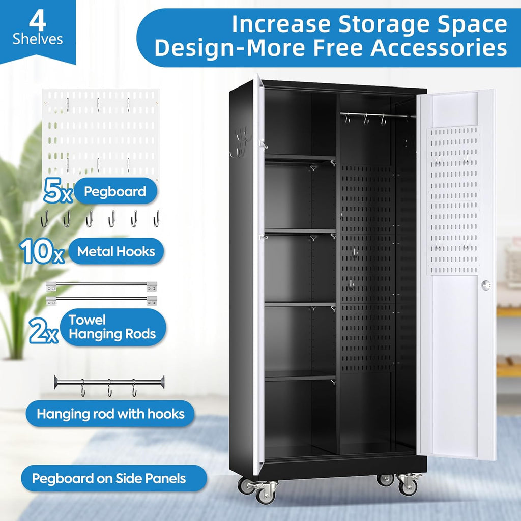 Broom Closet Storage Cabinet with Hanging Rod, 71" H Metal Garage Storage Cabinet with Wheels and 4 Adjustable Shelves, Locking Broom Closet with 13 Hooks for Garage, Bathroom, Home