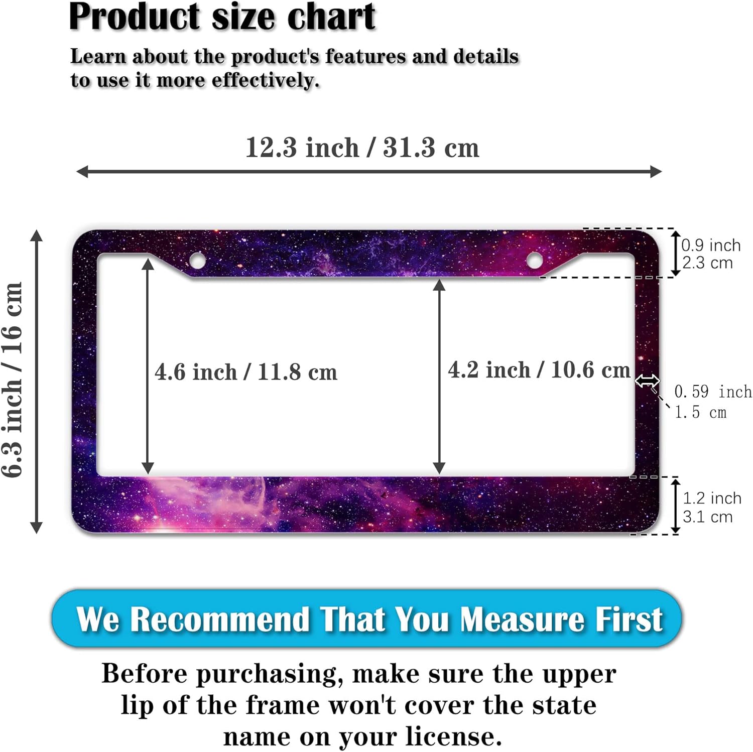 License Plate Frames Multicolor License Plate Cover Beautiful Galaxy Space Universal Aluminum Car Accessory 2 Pack with Screw Covers Set
