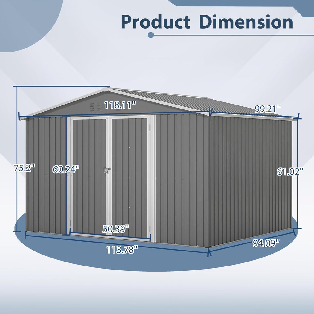 10×8 FT Metal Outdoor Storage Shed, Large Garden Sheds with Lockable Doors, All Weather Anti-Corrosion Galvanized Steel Tool House for Backyard Garden Lawn,Grey