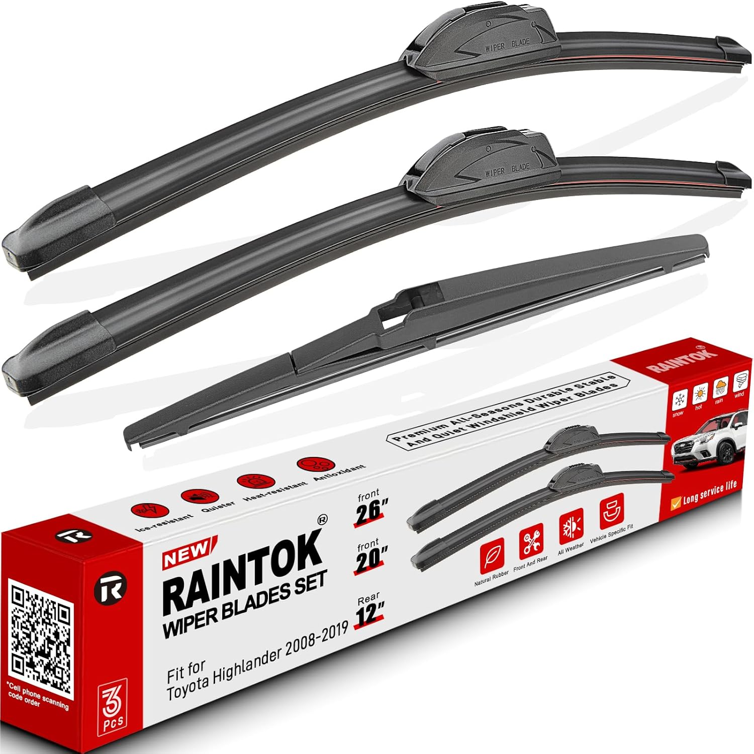 Windshield Wiper Blades Replacement for Toyota Highlander 2008-2019 Original Factory Quality Front Rear Wipers Blade Set for My Car - 26" 20" 12" (Pack of 3)