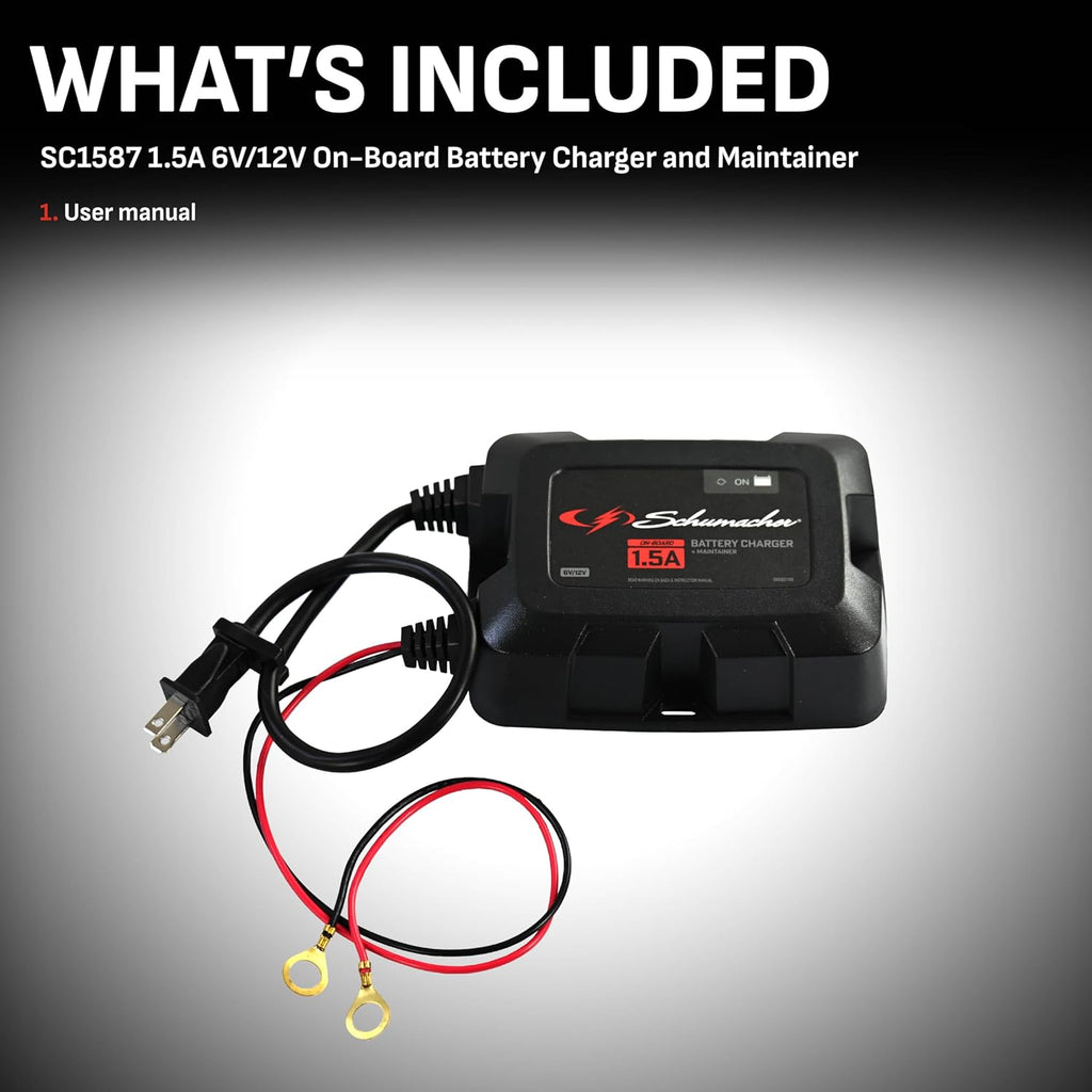 Schumacher Electric On-Board Battery Charger and Maintainer, 3-in-1, SC1587, 1.5 Amps, 6 Volt, 12 Volt, Fully Automatic, Mounts Under Hood, for Car, Truck, and Large Vehicle Batteries