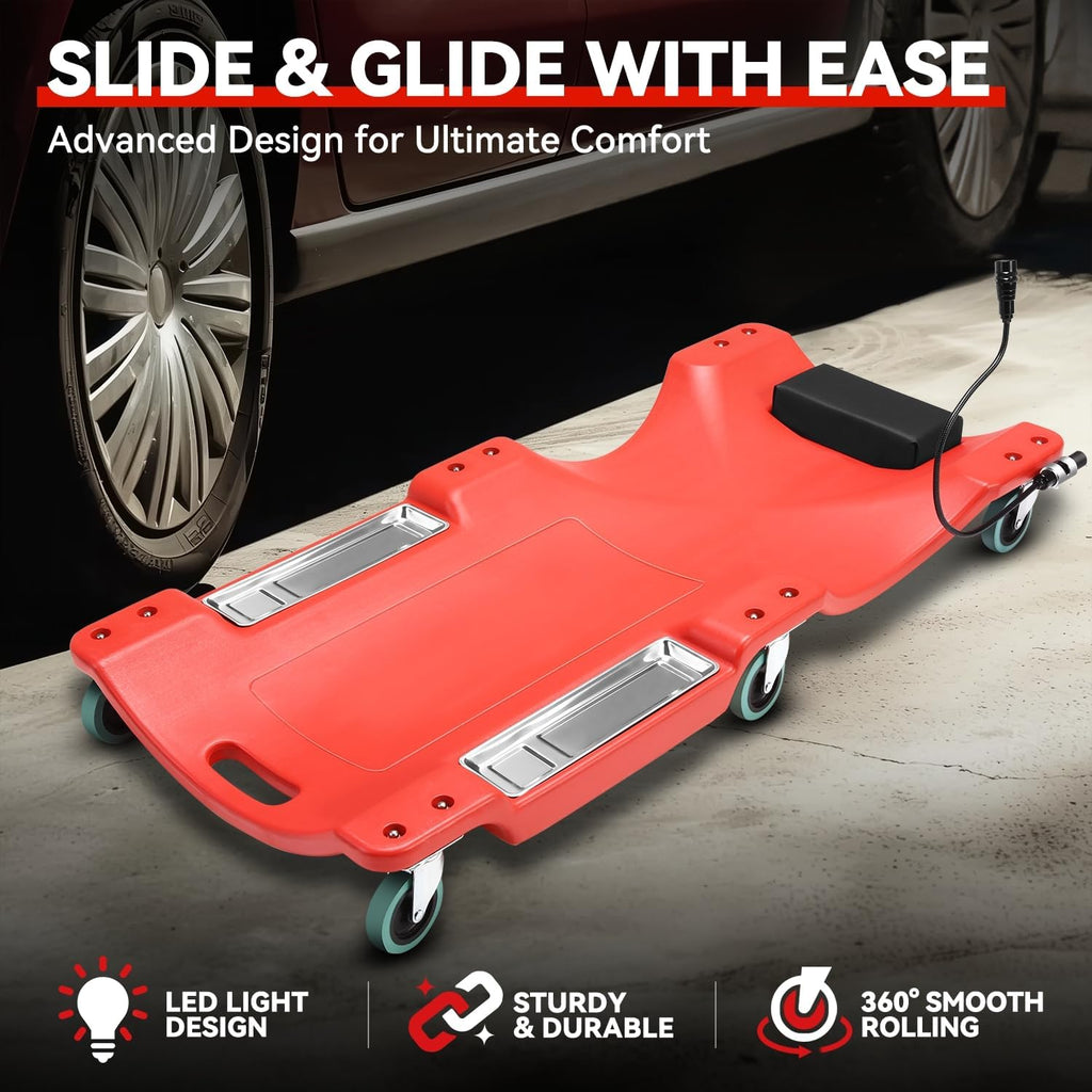 Auto Dynasty 40 Inches Mechanic Creeper, Automotive Garage Repair Low Profile Under Car Rolling Creeper with LED Light and Padded Headrest, Plastic, Red