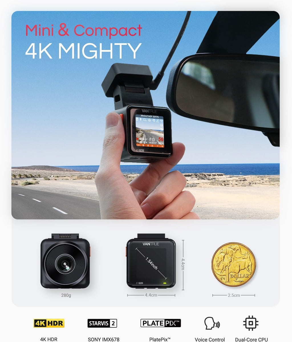 Vantrue E1 Pro 4K Mini Dash Cam Front, STARVIS 2 PlatePix HDR Night Vision Car Camera, Built-in 5G WiFi GPS, 1.54'' IPS Screen, LTE Support, Voice Control, 24/7 Buffered Parking Mode, Support 1TB Max