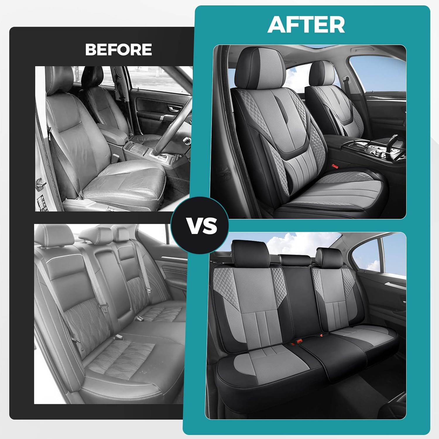 Car Seat Covers Full Set - Universal Seat Covers for Cars SUV Truck – Faux Leather Automotive Seat Covers, Breathable & Waterproof Front and Rear Seat Protectors, Fit for Most Cars-BlackGrey