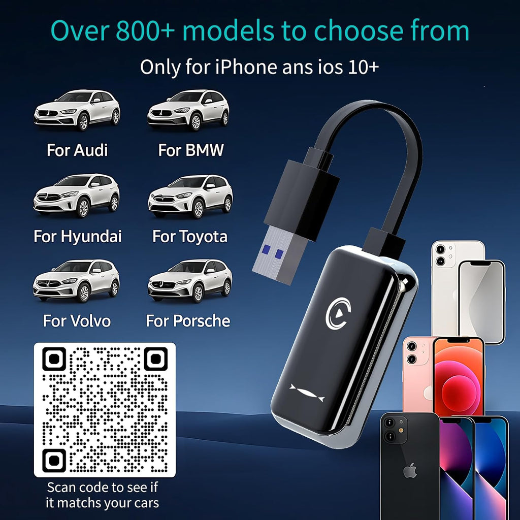 Wireless CarPlay Adapter for iPhone - Convert Wired to Wireless Apple CarPlay Adapter, Plug & Play, No Delay,Mini Size with Extension Cable USB-C Compatible with Built-in CarPlay & iOS 10+