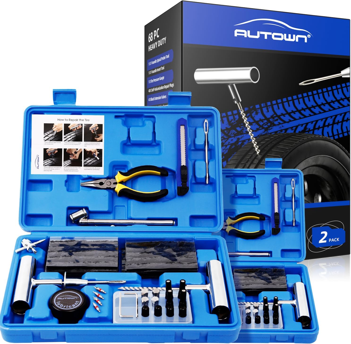 Flat Tire Repair Kit with Plug 68 Pcs for Car, Motorcycle, ATV, Jeep, Truck, Tractor Flat Tire Repair (2-Pack) (Set of 2-68pcs)