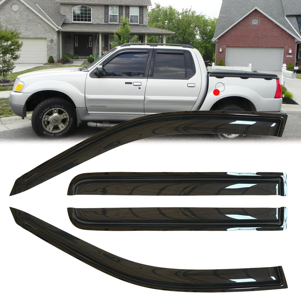 4pcs Original Shatterproof in-Channel Style Window Rain Guards Shield Side Wind Deflectors Dark Smoke Vent Window Visor for 2001-2005 Explorer Sport Trac 1997-2001 Mercury Mountaineer 4-Door 94074