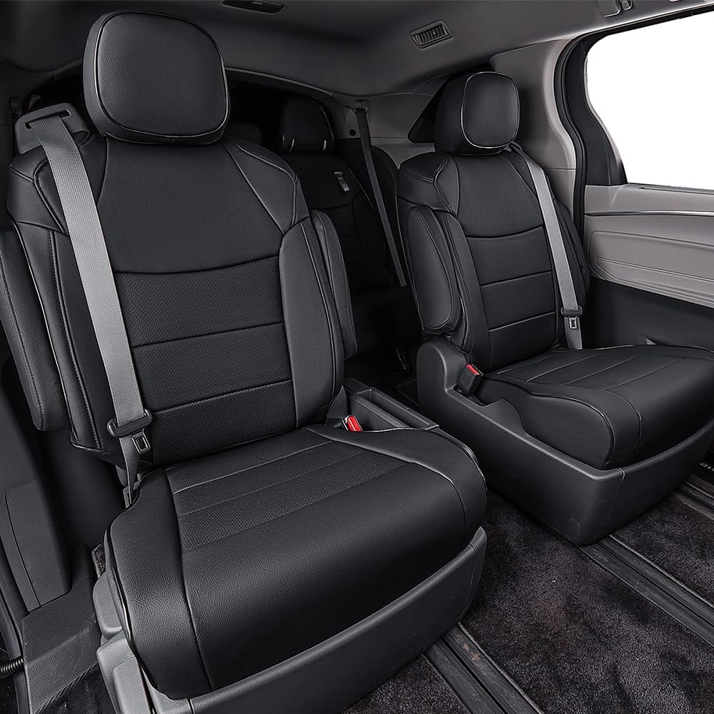 EKR Sienna Seat Covers for 2011-2020 Toyota Sienna LE,XLE, SE,XLE Premium 2nd Row 4/2/4 Split,8 Seats,Waterproof Car Seat Cover Full Set,Car Seat Protectors- Three Row,Leather(Black)