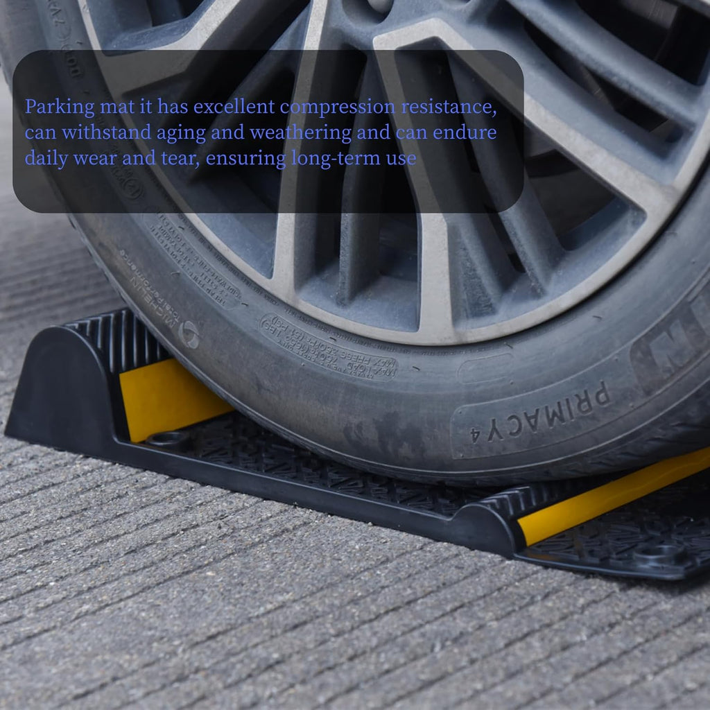 4 Pack Parking Mats for Garage Floors,21.6" X11.4" Durable Rubber Car Parking Guide Mat-Wheel Stopper with Reflective Yellow Strips,Garage Floor Stop Aid for Cars, Trucks, Indoor/Outdoor,Black