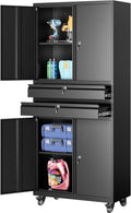 Metal Storage Cabinet with Wheels and Drawers,Rolling Garage Storage Cabinet with Locking Doors and Adjustable Shelves,73" Mobile Tall Large Metal Tool Cabinets with Locks for Home,Office,Garage