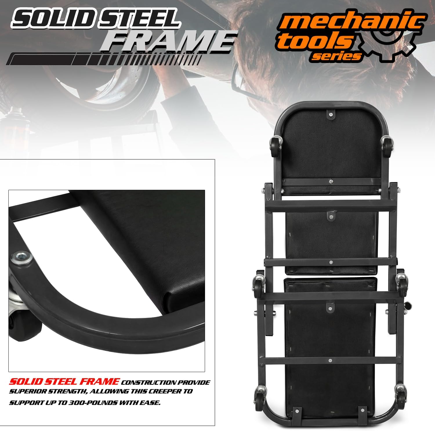 M-AUTO Foldable Z Creeper 2-in-1 Rolling Folding Car Creeper & Seat, 36" Adjustable Roller Garage Chair Lay Down or Sit, 330LBS Capacity Under Car Roller Creeper with 6 Swivel Casters, Black