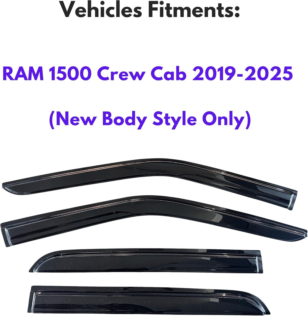KPY Window Visor Compatible with Dodge RAM 1500 Crew Cab 2019-2025 (New Body Style Only), 4PC Rain Guard Side Window Vent Deflectors Tape-On Mugen Style, 2019 2020 2021 2022 2023 2024 2025