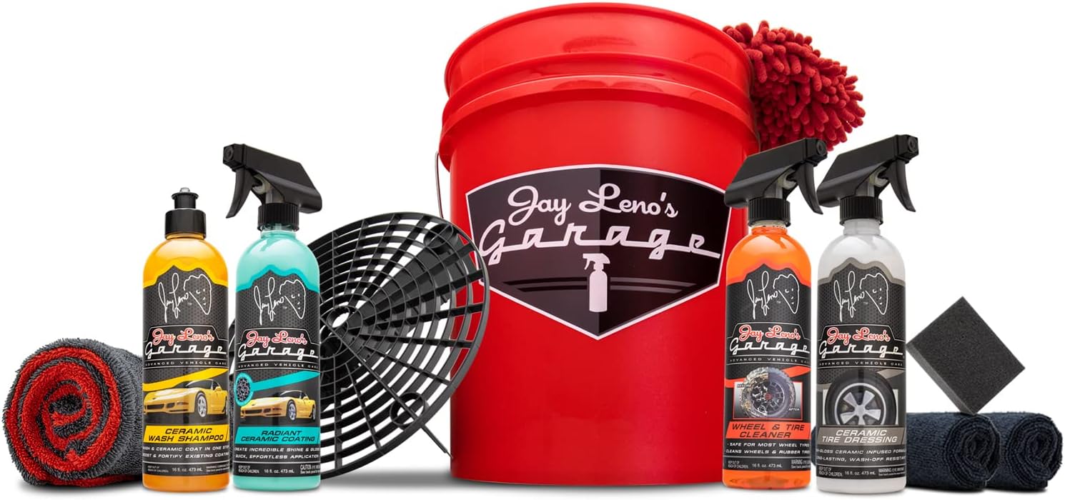 Jay Leno's Garage Ceramic Car Detailing Bucket Kit - Sprays, Liquids, Microfiber Towels, Applicators and Wash Mitt