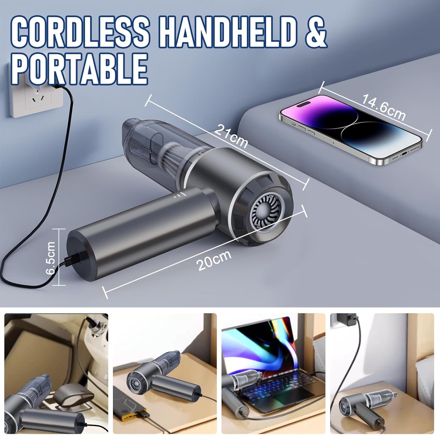 Car Vacuum Portable Cordless 20000PA High power Mini Vacuum Cleaner 4-in-1 Compressed Air Duster & Air Blower & Pump Hand Held Vacuum with Brushless Motor for Car, Home, Office,Camping (Silver)