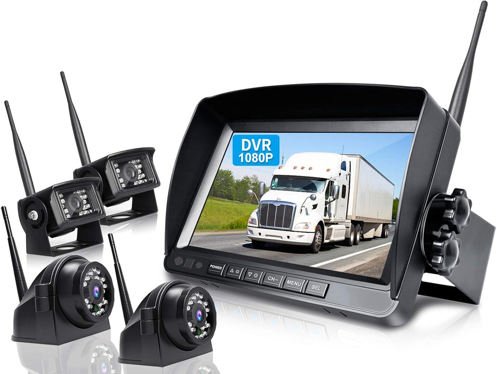 9" Wireless Backup Camera System for RV Truck Trailer Camper, 9 Inch DVR Quad Split Monitor IP69 Waterproof HD 1080P Wireless Rear Side View Cameras, Stable Signal Observation System - B904
